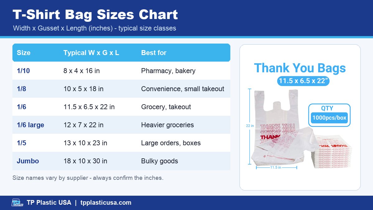 T-shirt bag sizes chart showing 1/10, 1/8, 1/6, 1/5 and jumbo dimensions in inches